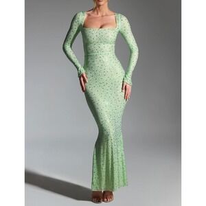 Oh Polly Lime Green Rhinestone Mesh Maxi Dress Square Neck Long Sleeve US 2 NEW